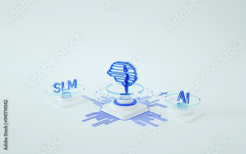 3D render of data transder, deep learning modern computer technologies. AI Brain ,Small Language Model, LLM photo