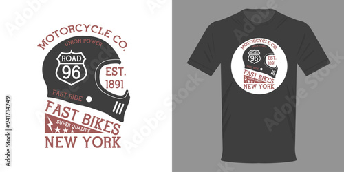 Vector illustration. Vintage MOTORCYCLE CLUB logo t-shirt. Retro minimalist fashion t-shirt design. Highest quality streetwear. FAST BIKES NEW YORK. Motorcycle shop with helmet on logo