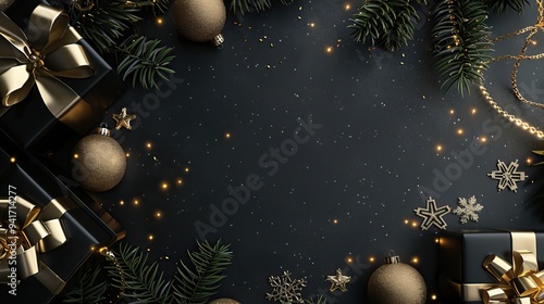 Merry Christmas and New Year. Festive composition. Beautiful dark Christmas design. Fir branches, shiny golden balls, confetti and baubles. Christmas background.