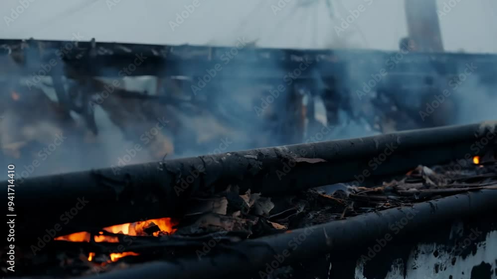 Close-Up of Burnt and Smoldering Debris on Rusty Rail in a Smoke-Filled Industrial Background Close-Up of Burnt and Smoldering Debris on Rusty Rail in a Smoke-Filled Industrial Background