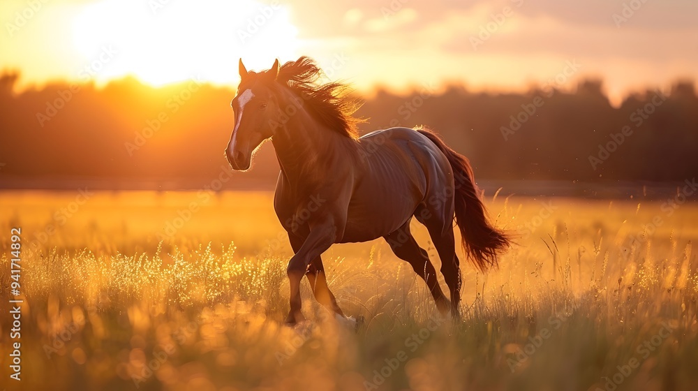 Majestic Horse Running Freely in Open Sunset Field with Flowing Mane Wildlife Portrait Concept Majestic Horse Running Freely in Open Sunset Field with Flowing Mane Wildlife Portrait Concept