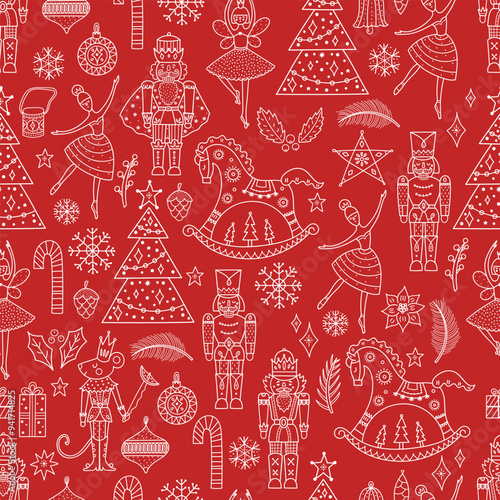 Cute red line Christmas vector seamless Nutcracker pattern.  Seamless pattern can be used for wallpaper, pattern fills, web page background, surface textures.