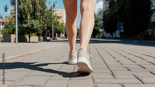 Close-up view of a woman's legs in sneakers walking on a city sidewalk during a summer day. The natural light and neutral tones highlight the realistic skin and hair texture, showcasing the casual and photo