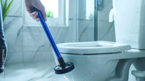 The Toilet with Blue Plunger photo