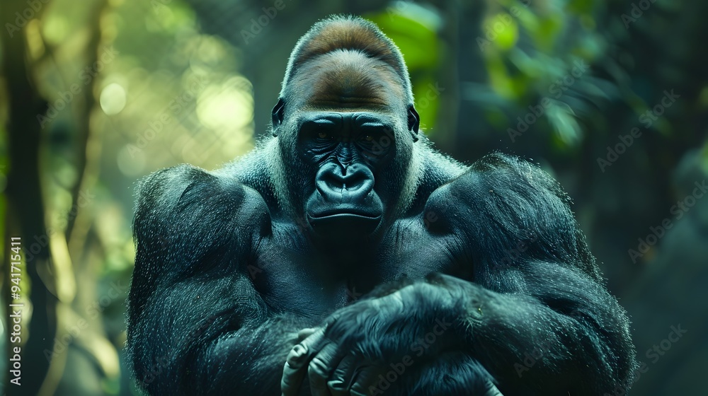 Fototapeta premium Powerful Gorilla Beating Its Chest with Intense Gaze in Lush Jungle Backdrop