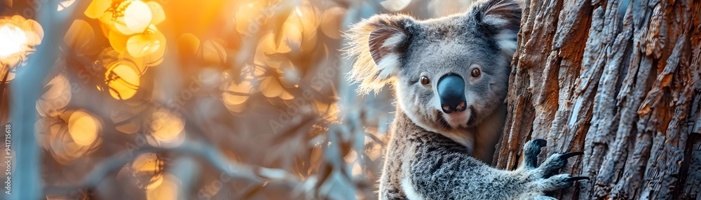 Fototapeta premium Gentle Koala Clinging to Eucalyptus Tree with Calm and Content Expression