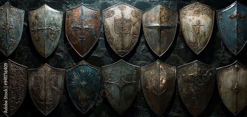 Ancient Armor A Wall of Ornate Shields in LowLight Showing Detailed Carvings Patina a Symbol of Strength History photo