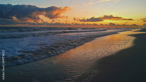 Wallpaper Mural Tranquil Sunset at Seaside: Gentle Waves and Warm Glow on Sandy Beach. Torontodigital.ca