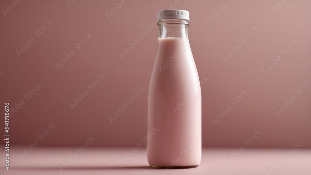 Creative pink bottle of milk on soft pink background Close-up Creative milk bottle packaging idea. Creative pink bottle of milk on soft pink background Close-up Creative milk bottle packaging idea.