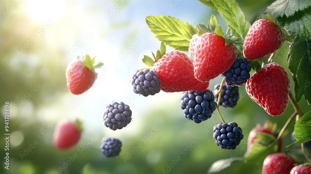 This image captures the essence of a bountiful berry harvest, with ripe strawberries and blackberries dangling from their branches. The vibrant colors and lush greenery create a sense of freshness and This image captures the essence of a bountiful berry harvest, with ripe strawberries and blackberries dangling from their branches. The vibrant colors and lush greenery create a sense of freshness and