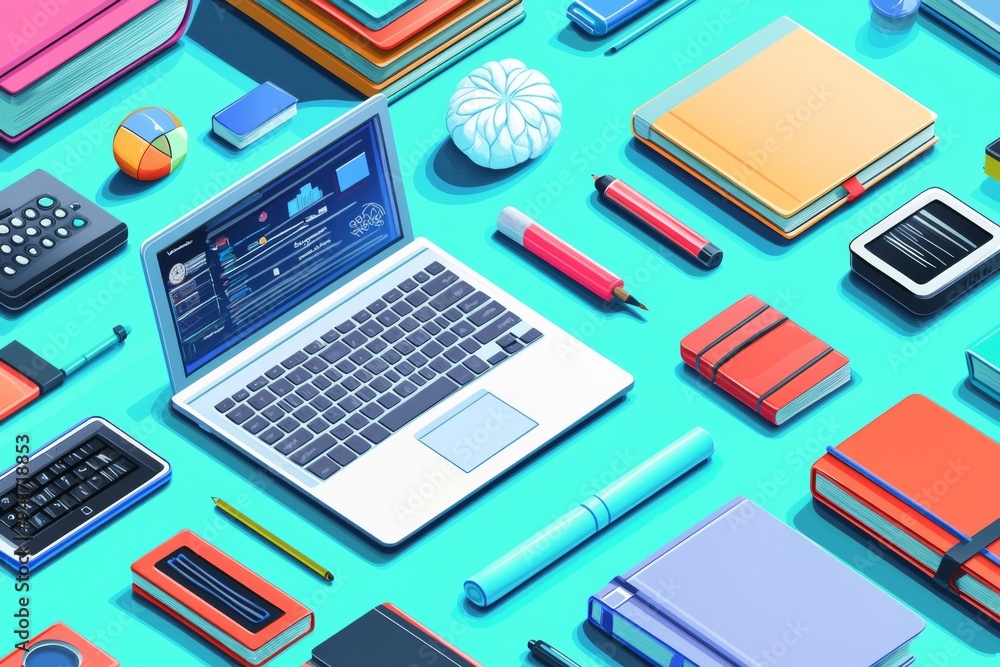 Illustration of educational learning tools set on table created with Generative AI Illustration of educational learning tools set on table created with Generative AI