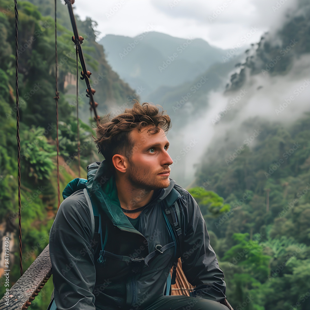 Naklejka premium A young man pauses on a suspension bridge, surrounded by a misty jungle and mountainous landscape, embodying adventure and exploration.