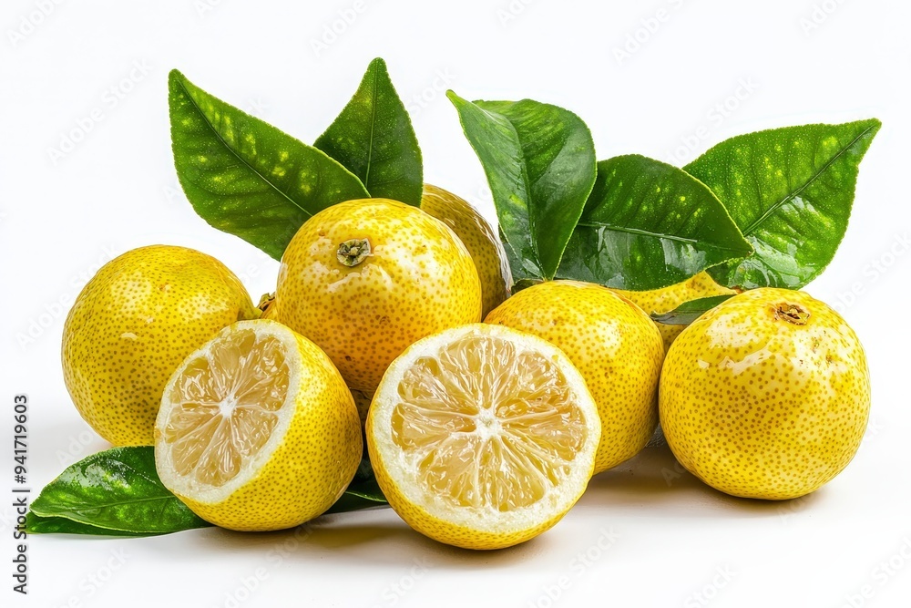 A cluster of yellow lemons with green leaves, showcasing fresh fruit. A cluster of yellow lemons with green leaves, showcasing fresh fruit.