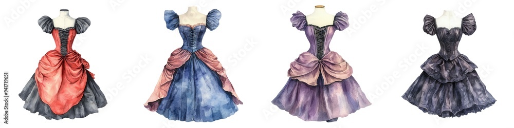 Obraz premium A gothic victorian bustle dress, watercolor illustration, historical fashion, isolated on white background