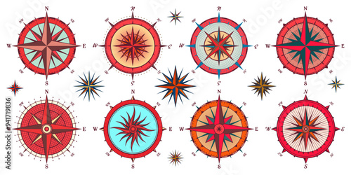 Vintage marine wind rose, nautical chart. Colorful navigational compass with cardinal directions of North, East, South, West. Geographical position, cartography and navigation. Vector illustration