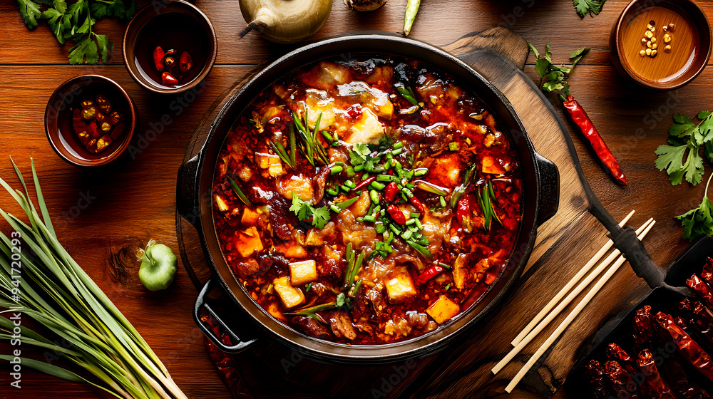 Traditional Chinese Style A bubbling pot of Mala Shabu with a rich, red broth filled with chili peppers, Sichuan peppercorns, and a variety of meats and vegetables, set on a wooden table with traditio Traditional Chinese Style A bubbling pot of Mala Shabu with a rich, red broth filled with chili peppers, Sichuan peppercorns, and a variety of meats and vegetables, set on a wooden table with traditio