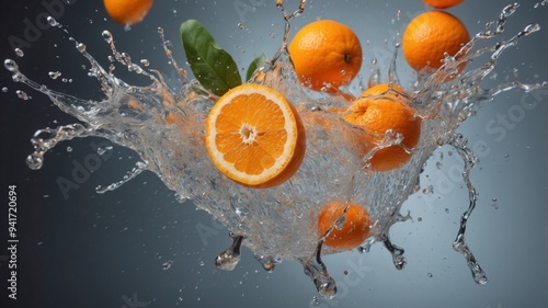 Dynamic splash of oranges in a water burst with high energy. photo