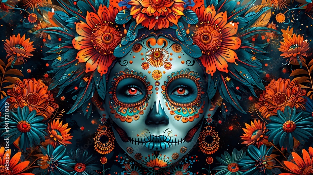 A Halloween-inspired design featuring a skull wearing a decorated Day of the Dead mask, with intricate patterns and bright colors contrasting against a dark background. A Halloween-inspired design featuring a skull wearing a decorated Day of the Dead mask, with intricate patterns and bright colors contrasting against a dark background.
