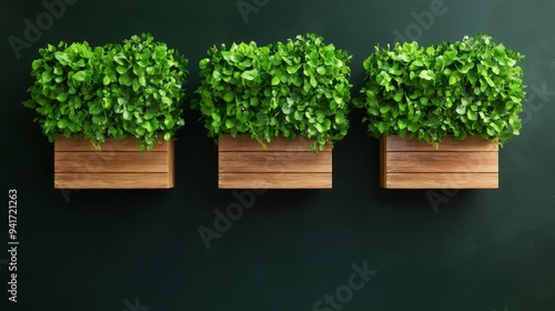 Three wooden planters filled with lush green plants mounted on a dark green wall. This image symbolizes nature, sustainability, indoor greenery, home decor, and modern design.