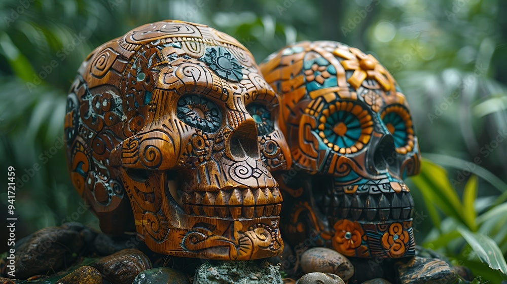 Fototapeta premium A skull carved from wood, intricately detailed with tribal patterns and symbols, set against a background of deep jungle foliage and dim lighting. 