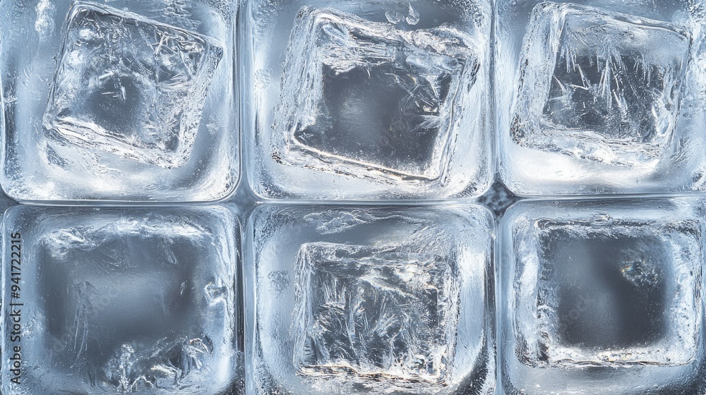 A close-up of a frosty ice tray with newly frozen cubes, showing the intricate patterns and slight frost on the tray's surface. A close-up of a frosty ice tray with newly frozen cubes, showing the intricate patterns and slight frost on the tray's surface.