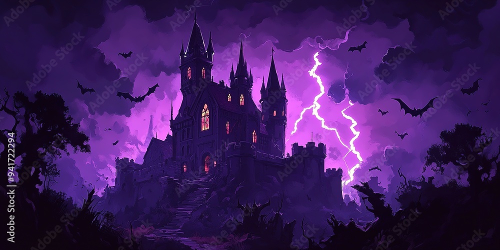 Obraz premium Scary Gothic castle on Halloween night, haunted palace or mansion for dark blue background. Spooky view of old mystery castle and bats in full moon. Horror scene with big gloomy house, fantasy place