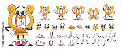Colorful Cartoon Character Representing A Lyre Musical Instrument With Multiple Facial Expressions, Hand Gestures