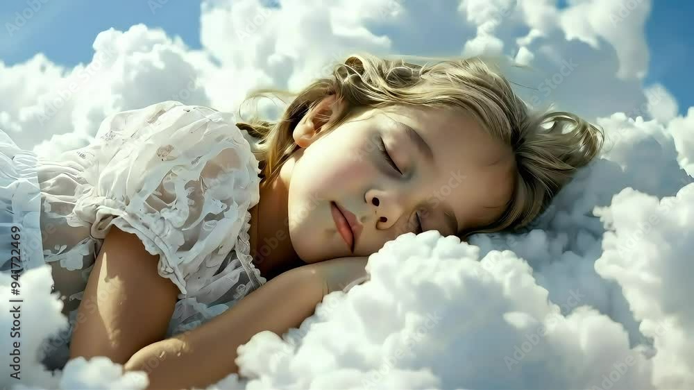 Young girl sleeping peacefully on a cloud, dreaming of a carefree life. Young girl sleeping peacefully on a cloud, dreaming of a carefree life.