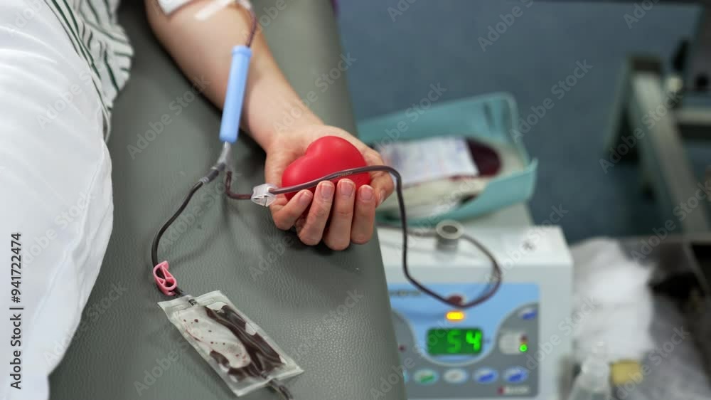 A plastic bag half-filled with blood attached to the catheter and an arm of a woman. Blood donation concept. Close up. A plastic bag half-filled with blood attached to the catheter and an arm of a woman. Blood donation concept. Close up.
