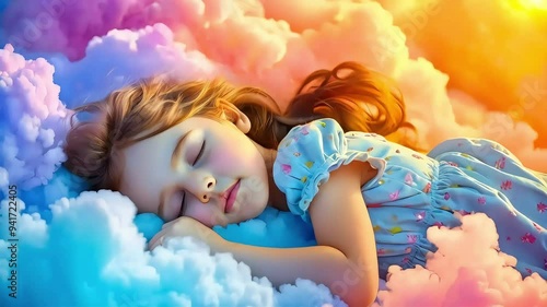 Young girl sleeping peacefully on a bed of clouds.