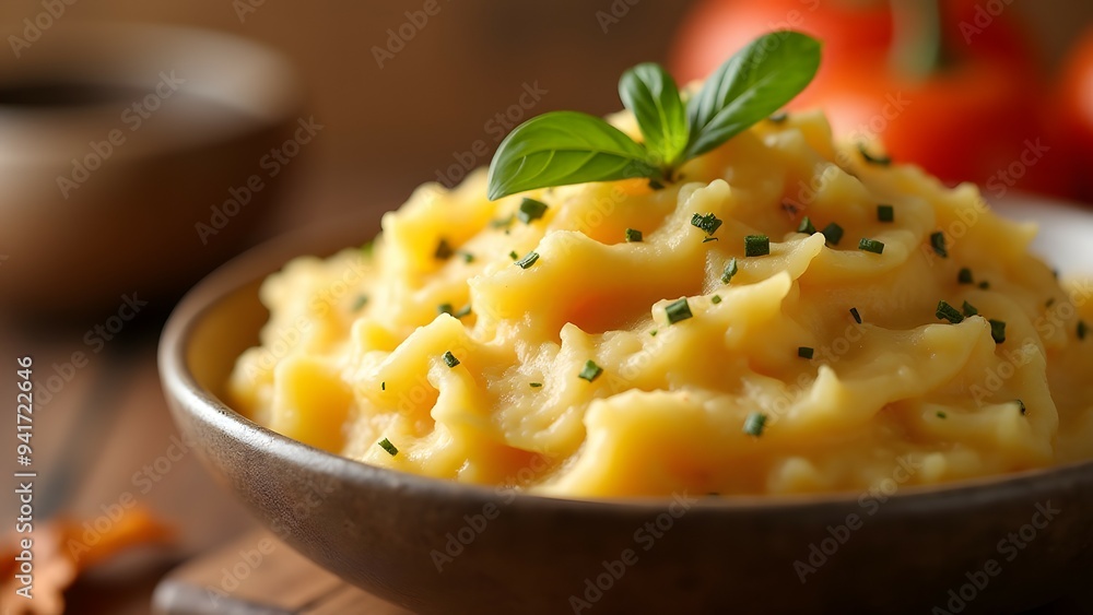 Creamy mashed potatoes topped with chives and a basil leaf in a rustic bowl with an autumn backdrop Creamy mashed potatoes topped with chives and a basil leaf in a rustic bowl with an autumn backdrop