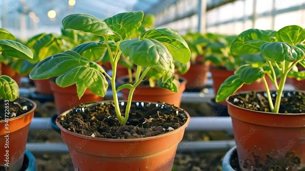 Young green plant growing in a pot inside a greenhouse. Young green plant growing in a pot inside a greenhouse.