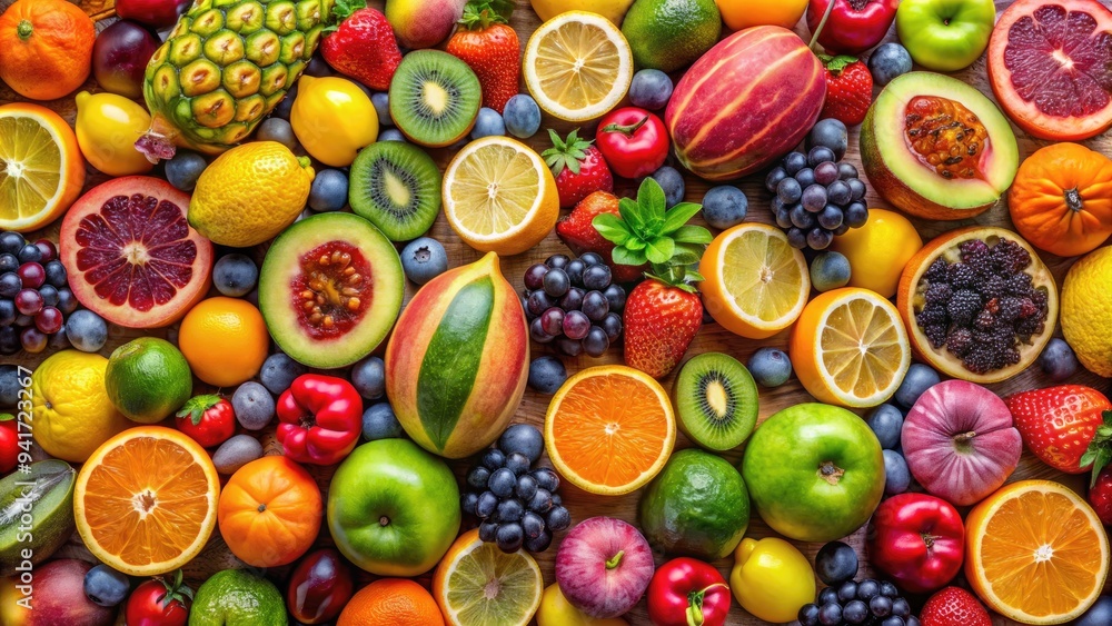 Fruity Zenith: Aerial perspective of colorful fruits, vibrant, geometric, playful Fruity Zenith: Aerial perspective of colorful fruits, vibrant, geometric, playful