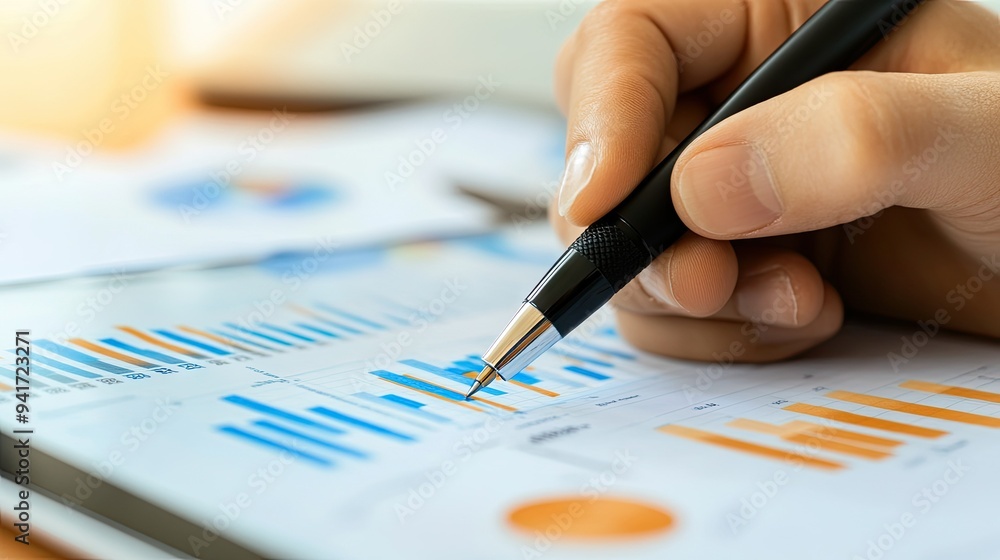 A close-up of a hand drawing a financial graph with a pen on a tablet, with a background of financial reports and charts. A close-up of a hand drawing a financial graph with a pen on a tablet, with a background of financial reports and charts.