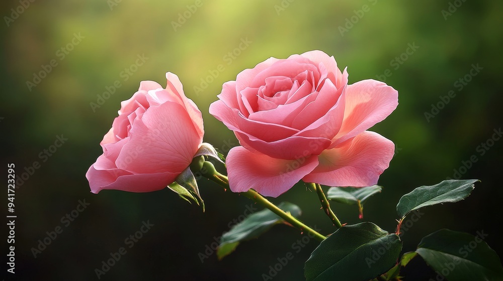 Two pink roses with delicate petals, one fully open and the other in bud, are bathed in soft sunlight, symbolizing love, beauty, new beginnings, and the fragility of life.