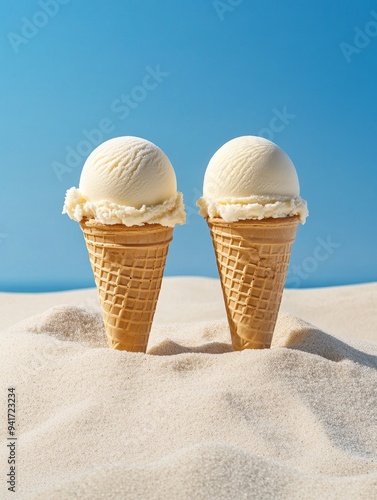 Two ice cream cones are placed in the sand on a beautiful beach. The cones are filled with vanilla ice cream, and the sun is shining brightly in the sky. This image symbolizes summer, fun, and relaxat photo