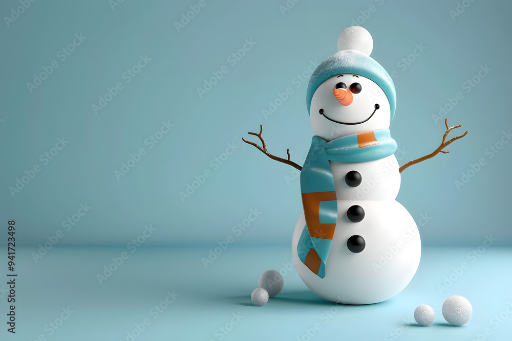 Fototapeta premium Cute 3D cartoon snowman on background with space for text.