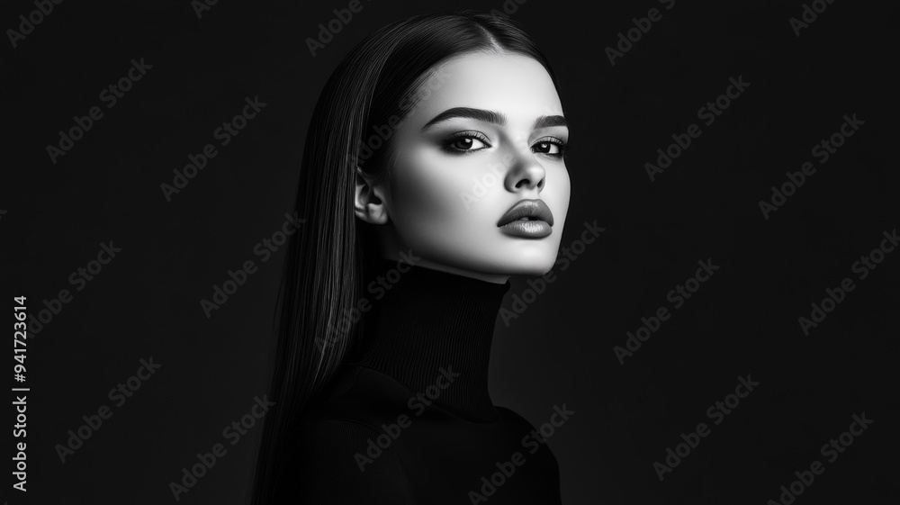 Androgynous model with long, slick hair in a minimalistic turtleneck against a stark black background striking delicate pose subtle elegance and refined beauty Androgynous model with long, slick hair in a minimalistic turtleneck against a stark black background striking delicate pose subtle elegance and refined beauty