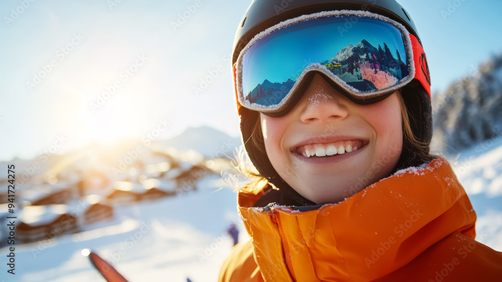 Beaming person with ski goggles atop their head standing next to their skis snowy resort village behind sunlight catching fresh snow pure joy and excitement Beaming person with ski goggles atop their head standing next to their skis snowy resort village behind sunlight catching fresh snow pure joy and excitement