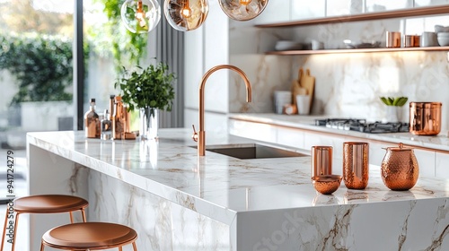 Modern kitchen with marble countertop and copper utensils