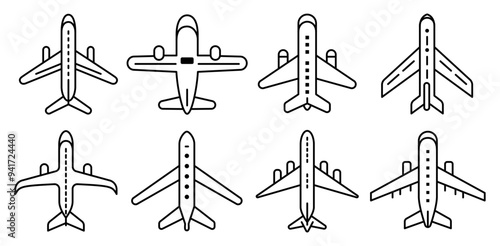 Set of Airplanes template line icons on transparent background, line design vector illustration, transport concept