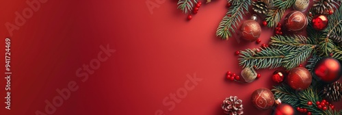 Wallpaper Mural Immerse yourself in the holiday spirit with a vibrant red background featuring Christmas ornaments, pine cones, and evergreen branches. Perfect for festive greetings and holiday projects Torontodigital.ca
