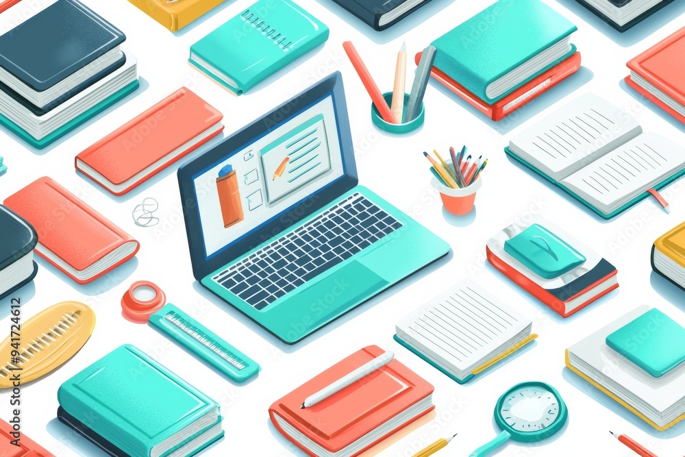 Illustration of educational learning tools set on table created with Generative AI Illustration of educational learning tools set on table created with Generative AI
