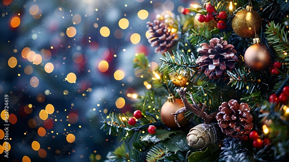 A forest-inspired Christmas tree featuring woodland creature ornaments and natural decorations, glowing softly in a room bathed in green and gold lights. The atmosphere is playful and enchanting, A forest-inspired Christmas tree featuring woodland creature ornaments and natural decorations, glowing softly in a room bathed in green and gold lights. The atmosphere is playful and enchanting,