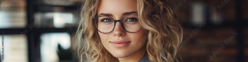 Confident Smiling Blonde Businesswoman: Close-up Portrait of Stylish Young Professional with Glasses. Attractive European Female Model Radiating Success and Charisma for Corporate Marketing and Person Confident Smiling Blonde Businesswoman: Close-up Portrait of Stylish Young Professional with Glasses. Attractive European Female Model Radiating Success and Charisma for Corporate Marketing and Person