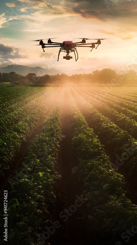Dramatic photo of an organic farm with drones spraying non-toxic pesticides