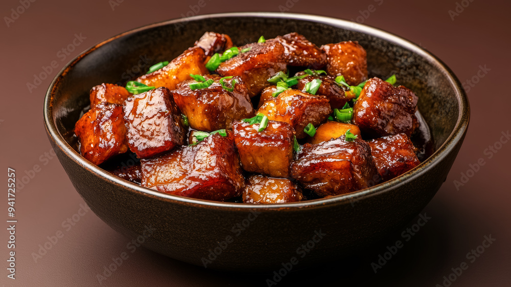 Chinese braised pork belly with chestnuts in a rich soy-based sauce, hearty and glossy, served against a gradient background from dark brown to warm amber Chinese braised pork belly with chestnuts in a rich soy-based sauce, hearty and glossy, served against a gradient background from dark brown to warm amber