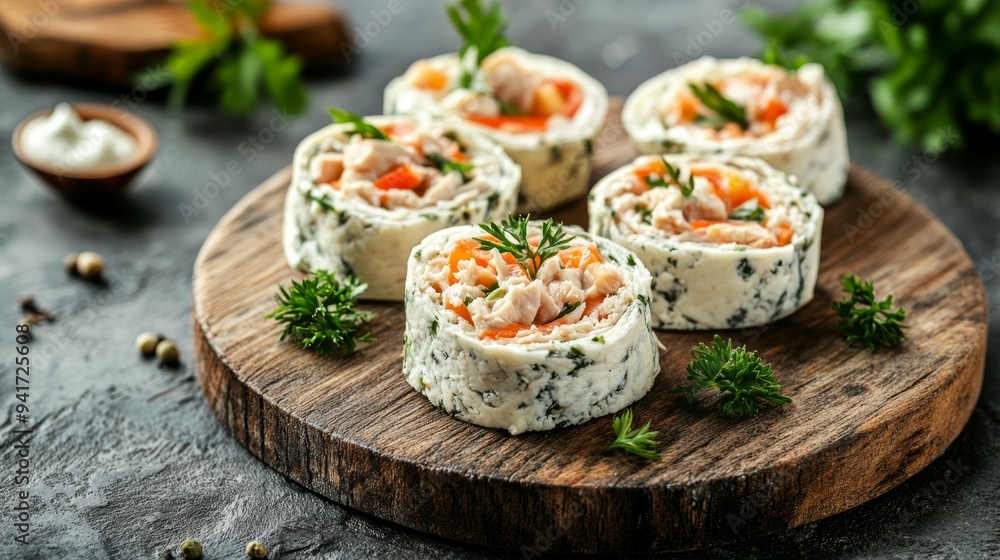 Deliciously crafted chicken and vegetable rolls on a wooden platter at a gourmet kitchen setting Deliciously crafted chicken and vegetable rolls on a wooden platter at a gourmet kitchen setting
