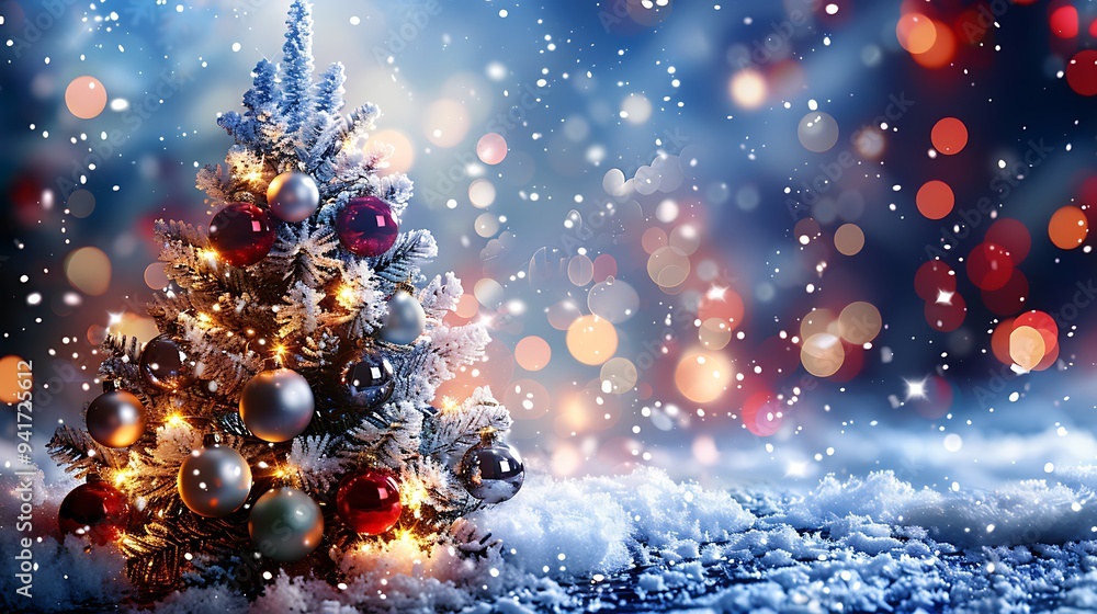 A frosted white Christmas tree with silver baubles, surrounded by softly glowing, twinkling lights. The background is a dreamy winter wonderland with a gentle snowfall, A frosted white Christmas tree with silver baubles, surrounded by softly glowing, twinkling lights. The background is a dreamy winter wonderland with a gentle snowfall,