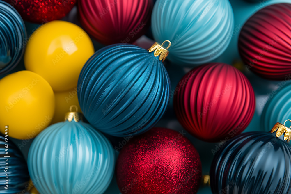 Christmas and New Year tree decorations in deep blue, vibrant red, pale yellow, and seafoam green color palette Christmas and New Year tree decorations in deep blue, vibrant red, pale yellow, and seafoam green color palette